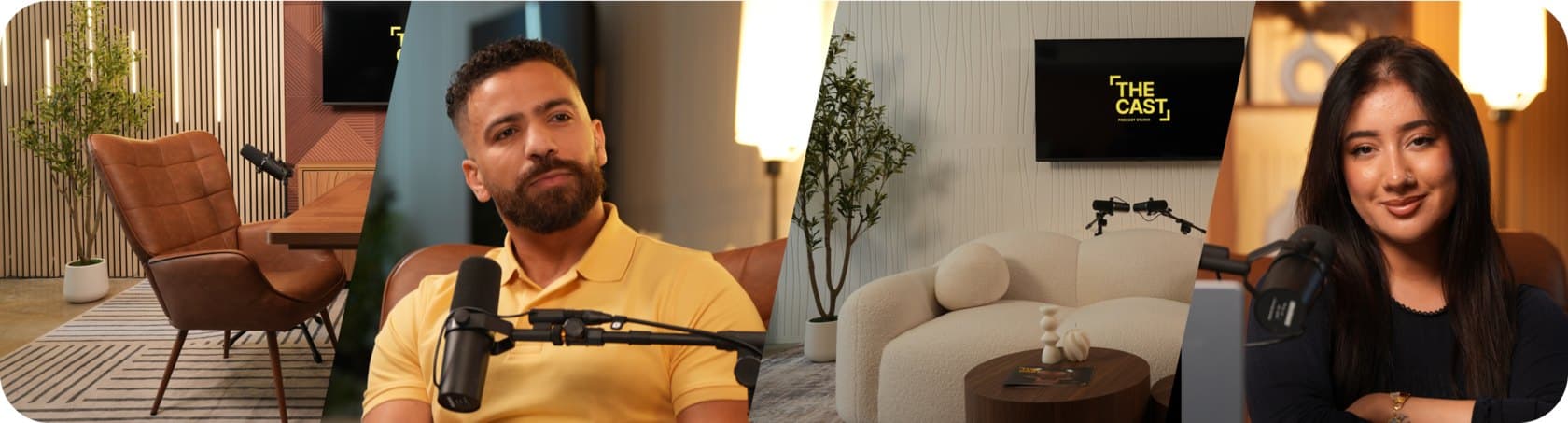 Collage of podcast sessions at The Cast Studio: leather armchair set, a guest at the microphone, the white sofa set and a smiling host