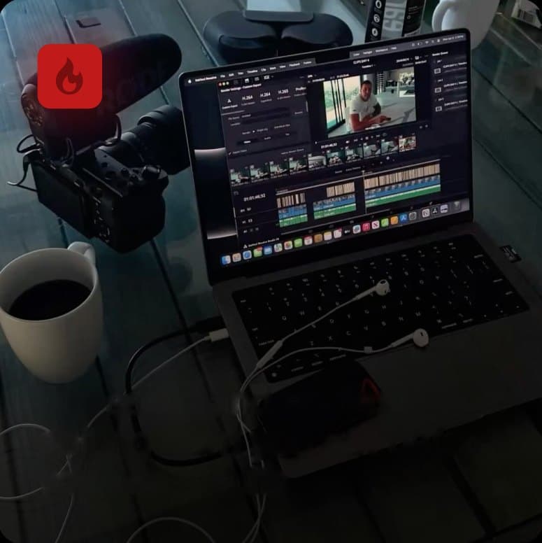 Laptop with a video editing timeline next to a camera and a cup of coffee